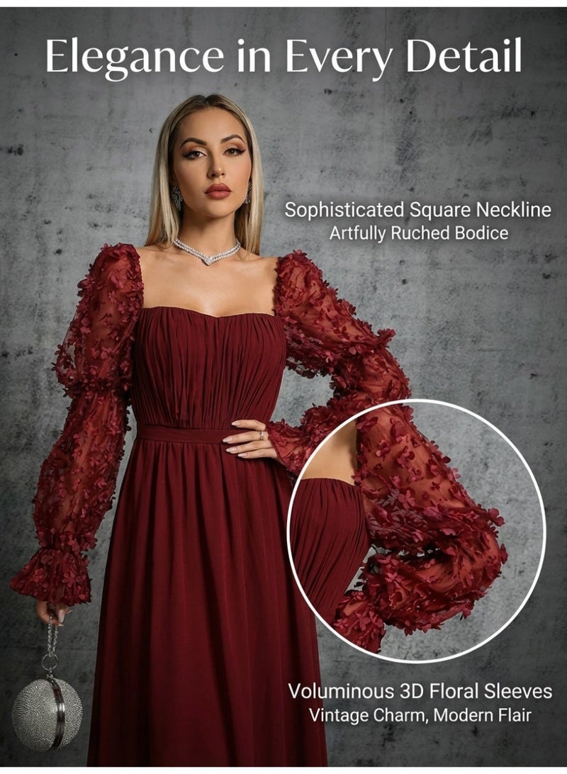 MS MIN Elegant Burgundy Evening Dress for Women – Long Sleeve Formal Party Gown - Image 3